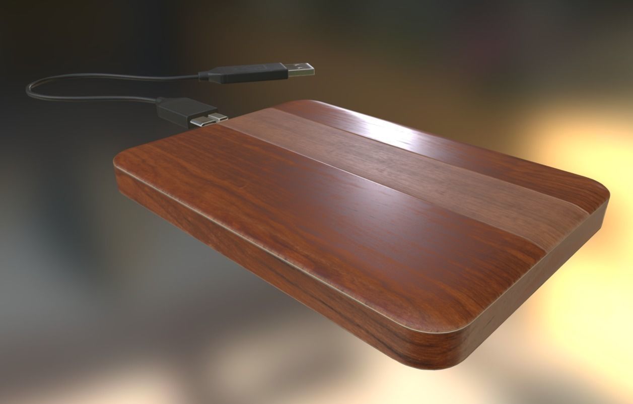 External HDD With USB Cable Rigged Wood Version Low-poly 3D model_8