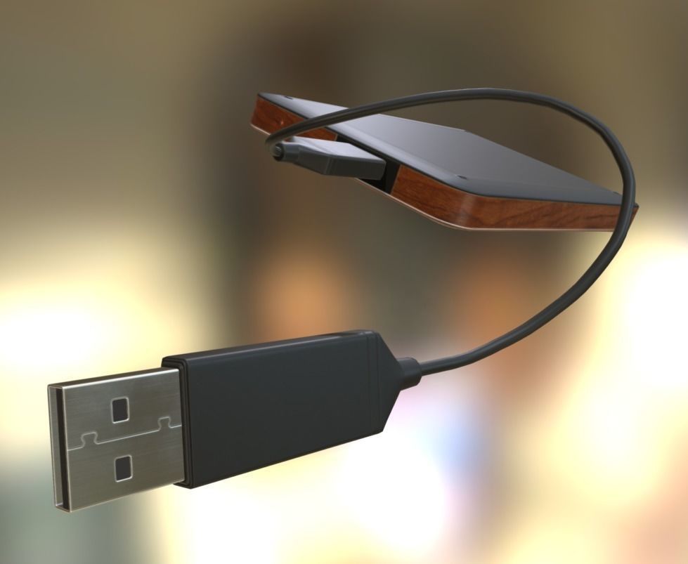 External HDD With USB Cable Rigged Wood Version Low-poly 3D model_7