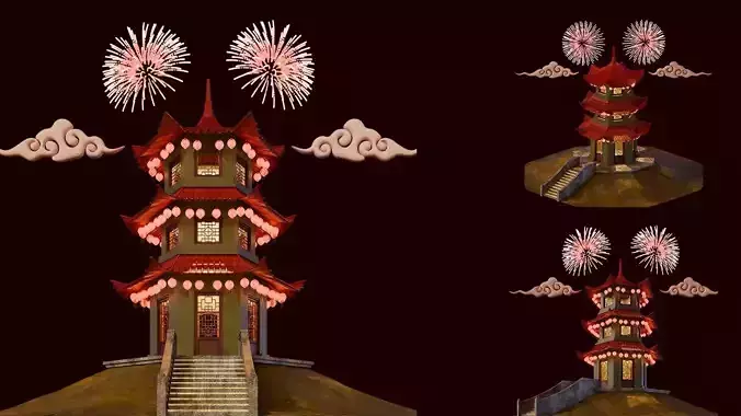 Chinese New Year Traditional Tower Building 