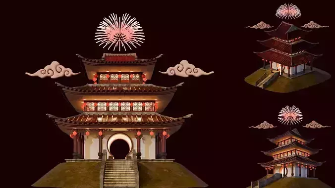 Chinese New Year Traditional Gate Building 