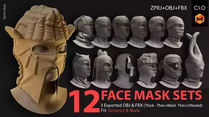 12 FACE MASKS-VOL01-MD-Clo3D-OBJ-FBX-Blender file