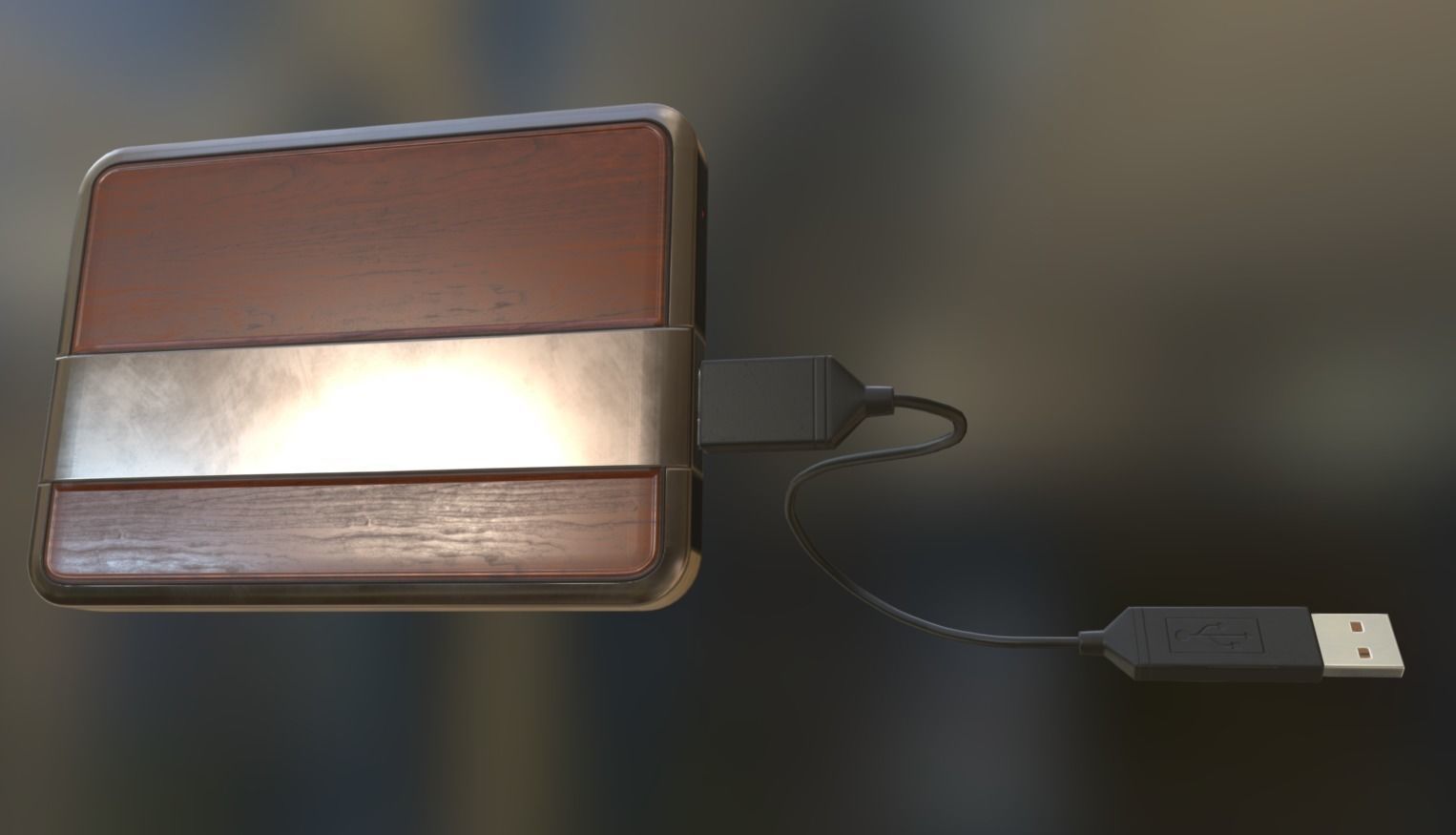 External HDD With USB Cable Rigged Wood Metal Version Low-poly 3D model_7
