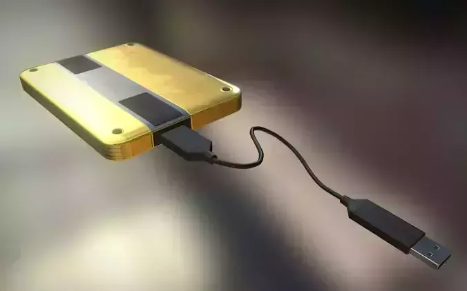 External HDD With USB Cable Rigged Gold Version Low-poly 3D model