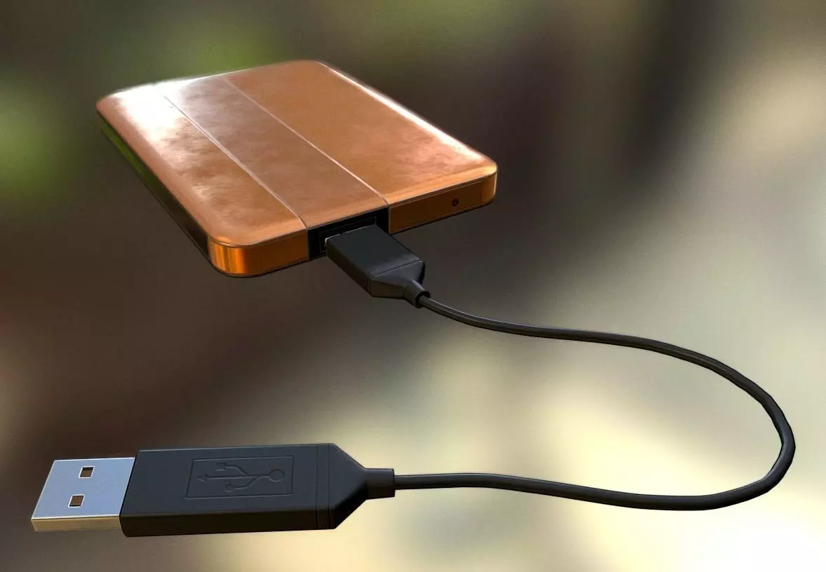 External HDD With USB Cable Rigged Copper Version Low-poly 3D model_0