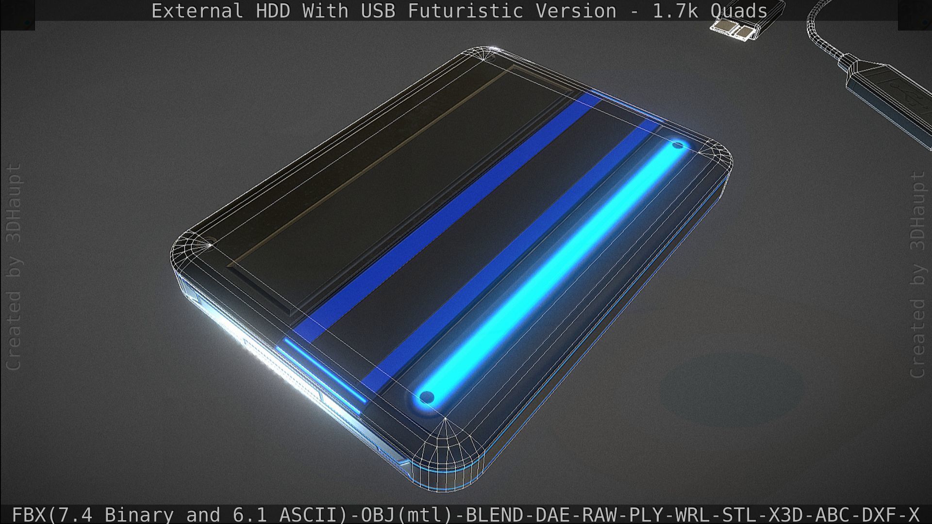 External HDD With USB Cable Rigged Futuristic Version Low-poly 3D model_158
