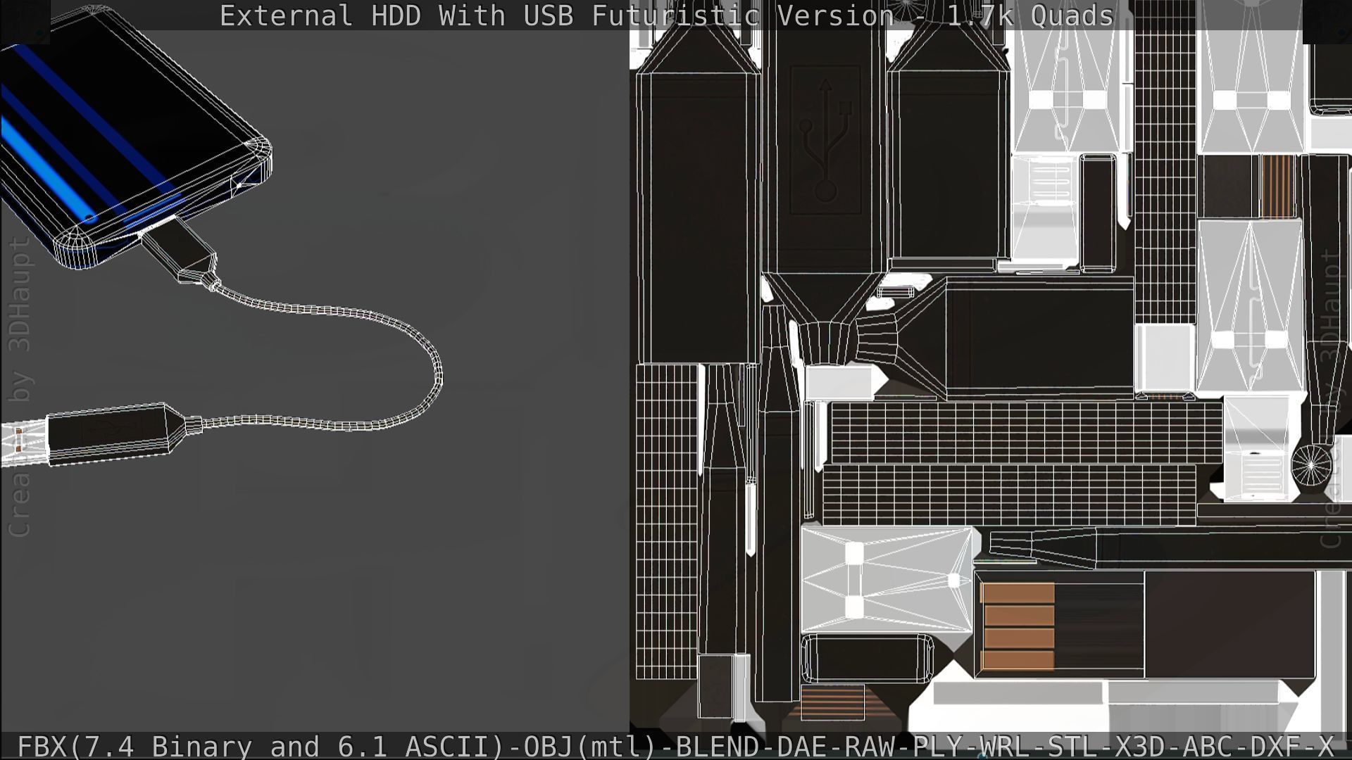 External HDD With USB Cable Rigged Futuristic Version Low-poly 3D model_159