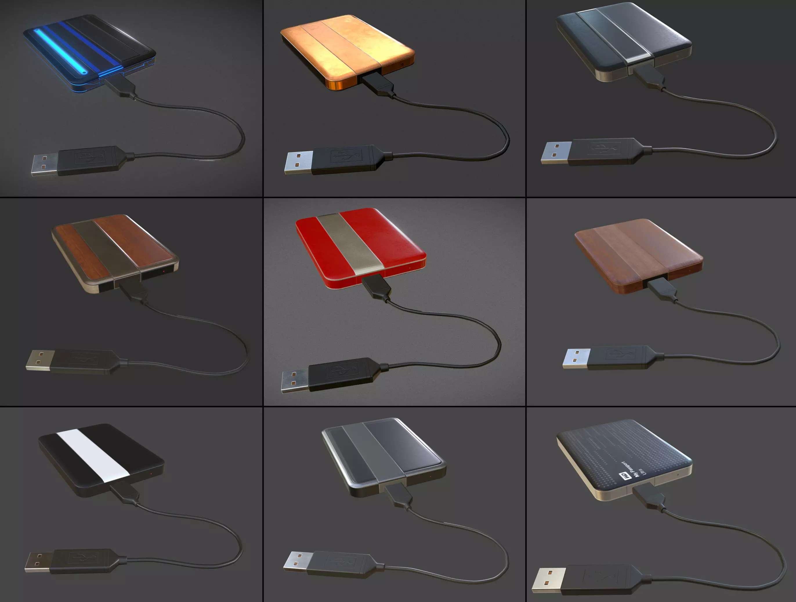 External HDD With Cable Collection Game Ready Low-poly 3D model_0