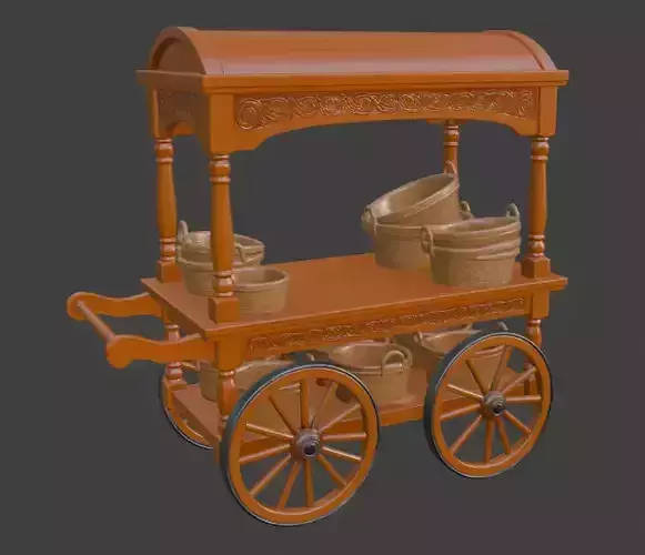 Vintage Wooden Basket Cart 3D Model