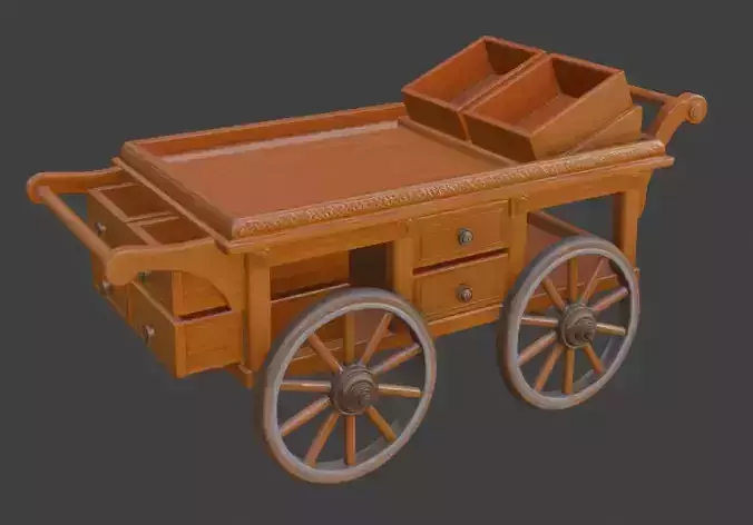 Ornate Wooden Vendor Cart 3D Model