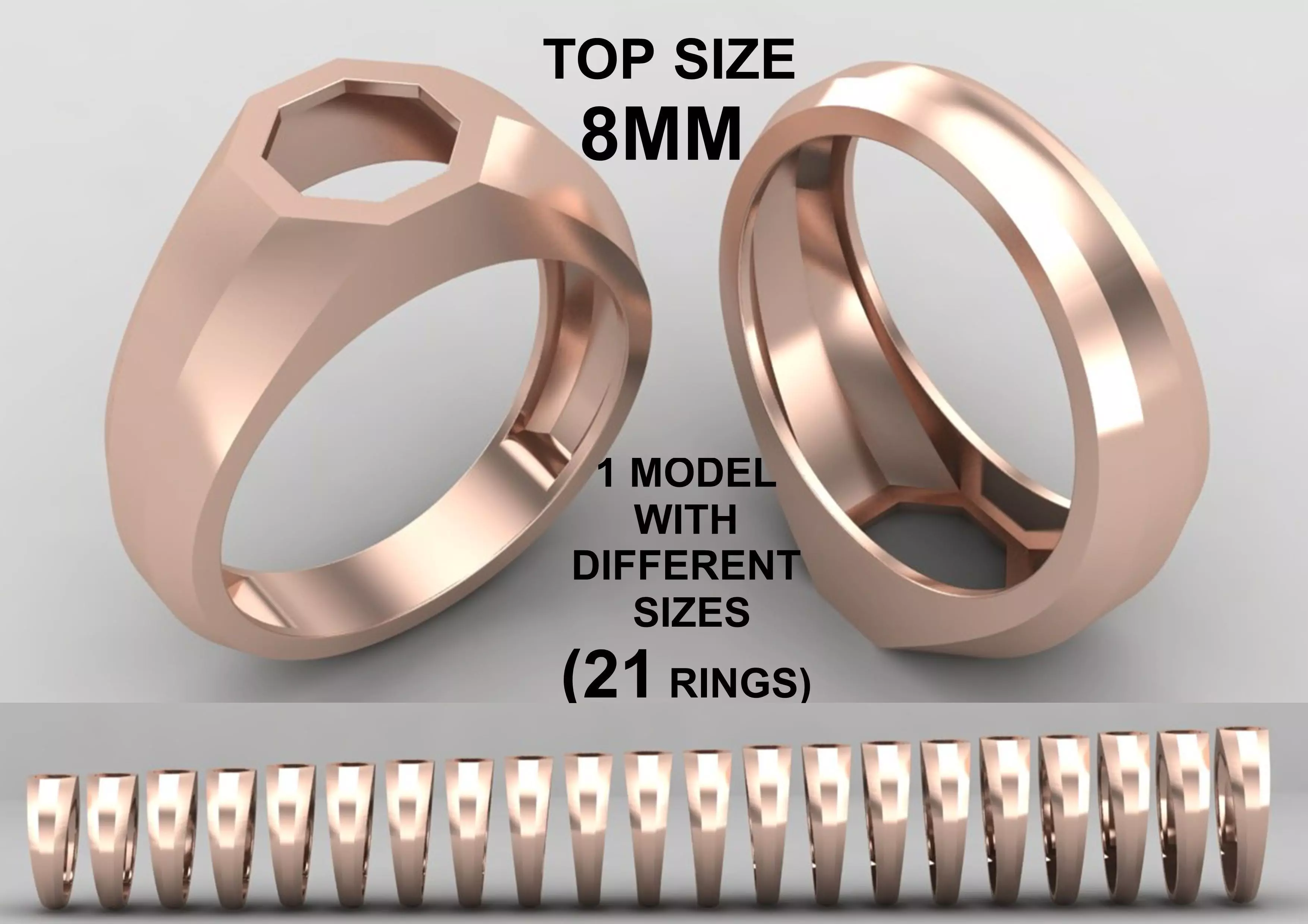 octagonal hollow Signet Ring Base 8MM top in All sizes 234-MWC 3D print model