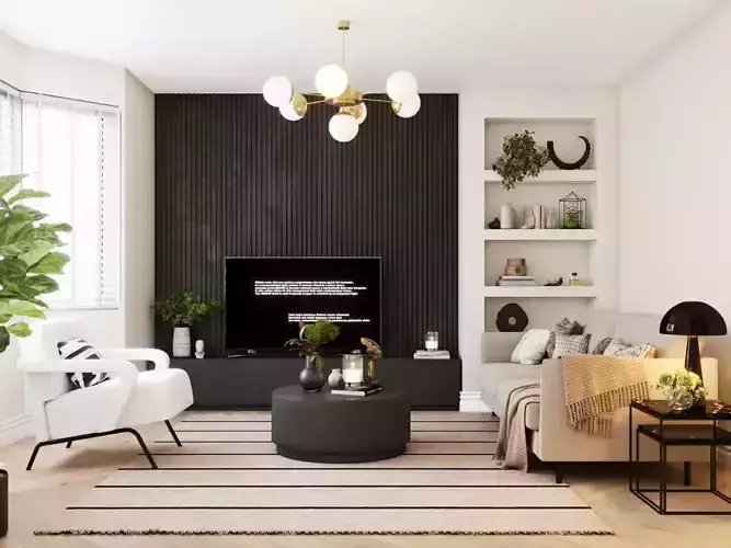 Realistic Modern Living Room Interior Photorealistic 3D Scene