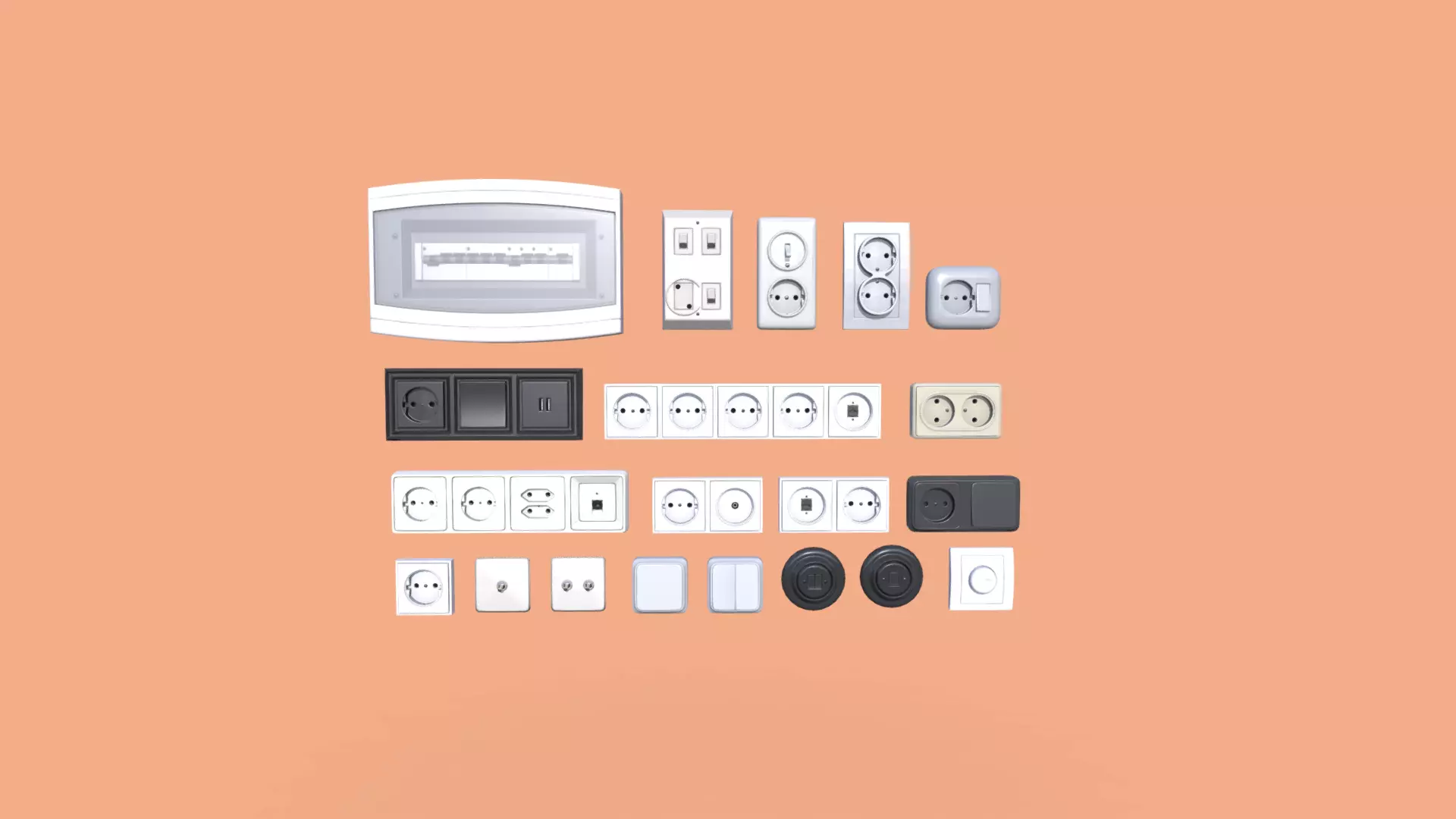 EU Switches - Sockets - Fuse Box Low-poly 3D model_0
