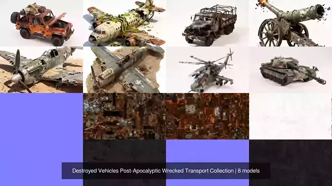 Destroyed Vehicles Post-Apocalyptic Wrecked Transport Collection