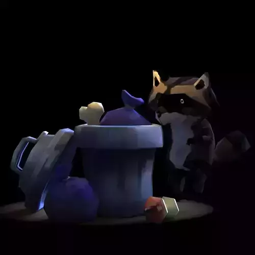 Raccoon and trash bin