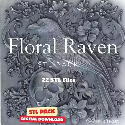 Floral Raven Theme STL Pack  22 Detailed 3D Relief