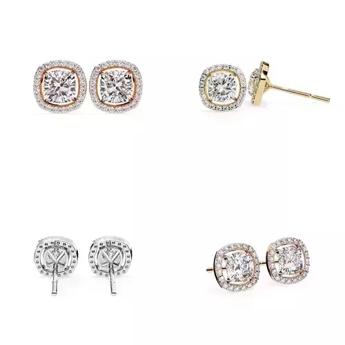 Cushion Halo Diamond Stud Earrings CAD Design 3DM STL Files