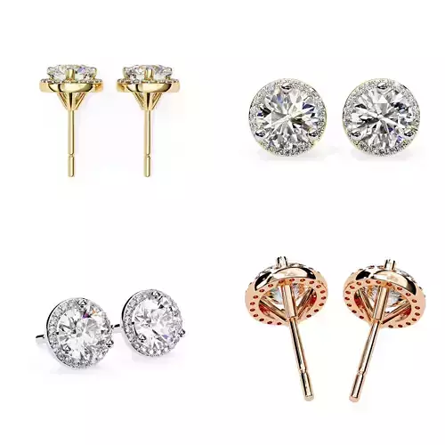 Round Halo Diamond Stud Earrings CAD Model 3DM STL Files