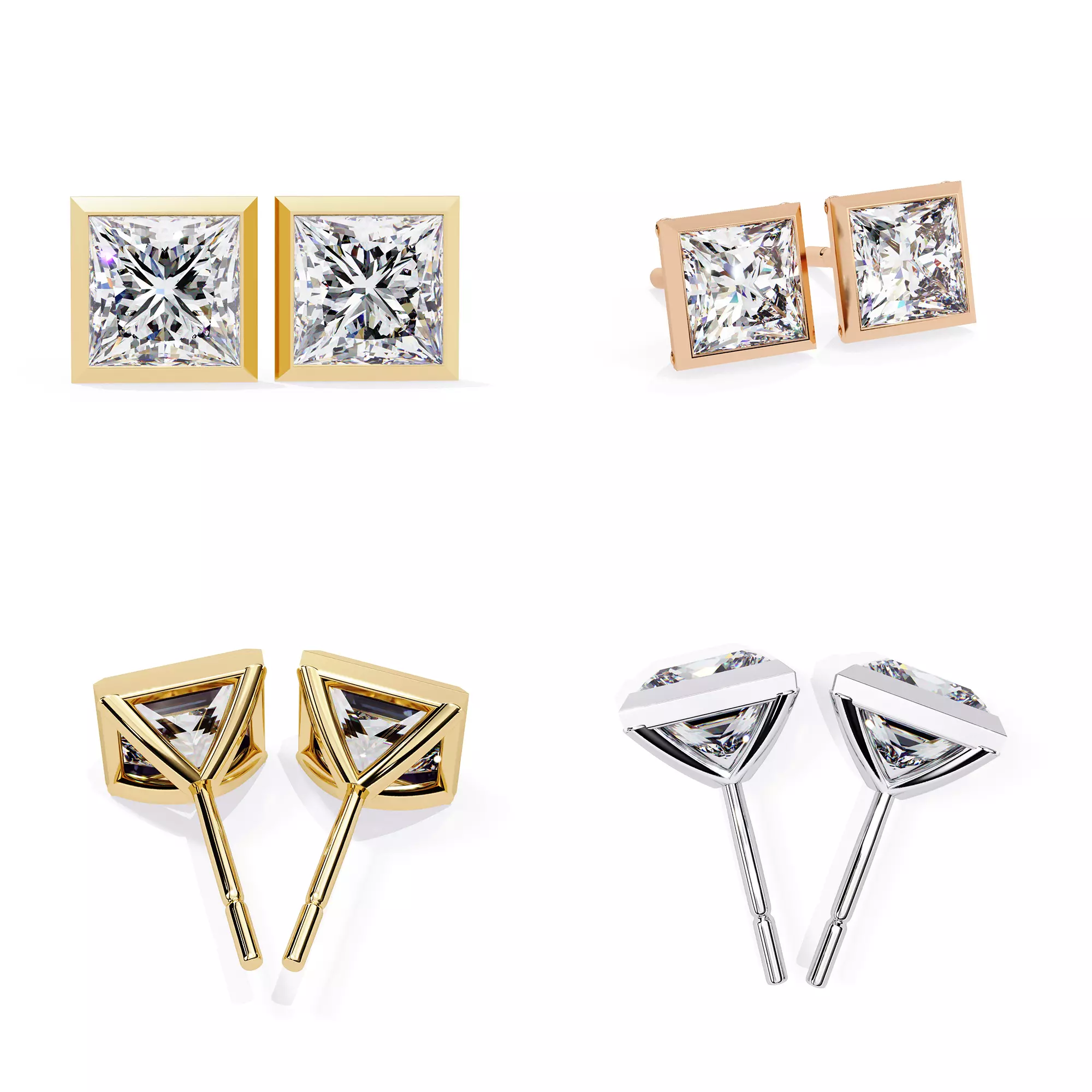 Princess Cut Bezel Stud Earrings 3DM STL Jewelery CAD 3D print model