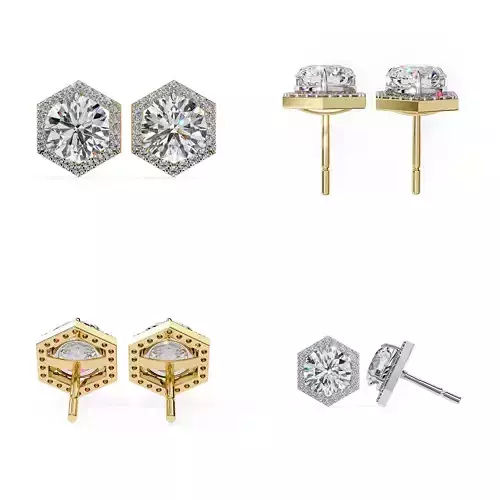 Hexagon Halo Diamond Stud Earrings CAD Design