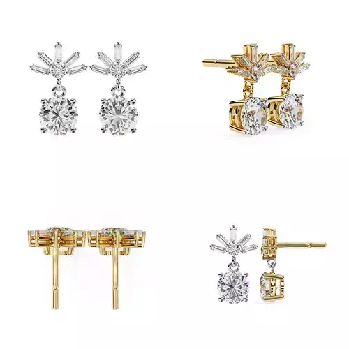 Baguette Fan Drop Diamond Stud Earrings CAD Design