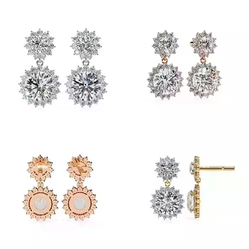 Double Halo Drop Diamond Stud Earrings CAD Design