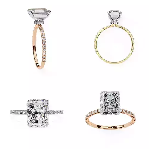 Radiant Solitaire Pave Engagement Ring CAD Design 3DM and STL