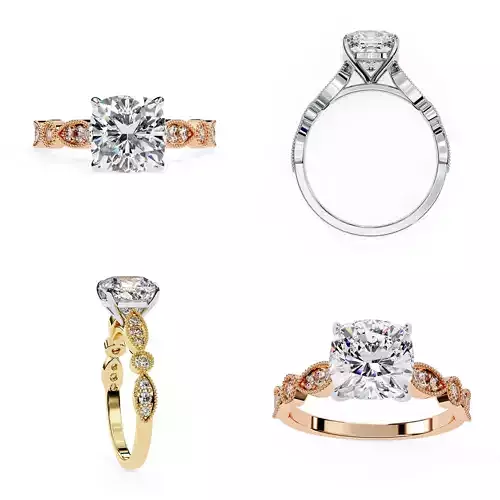 Cushion Solitaire Vintage Twist Diamond Ring CAD 3DM and STL