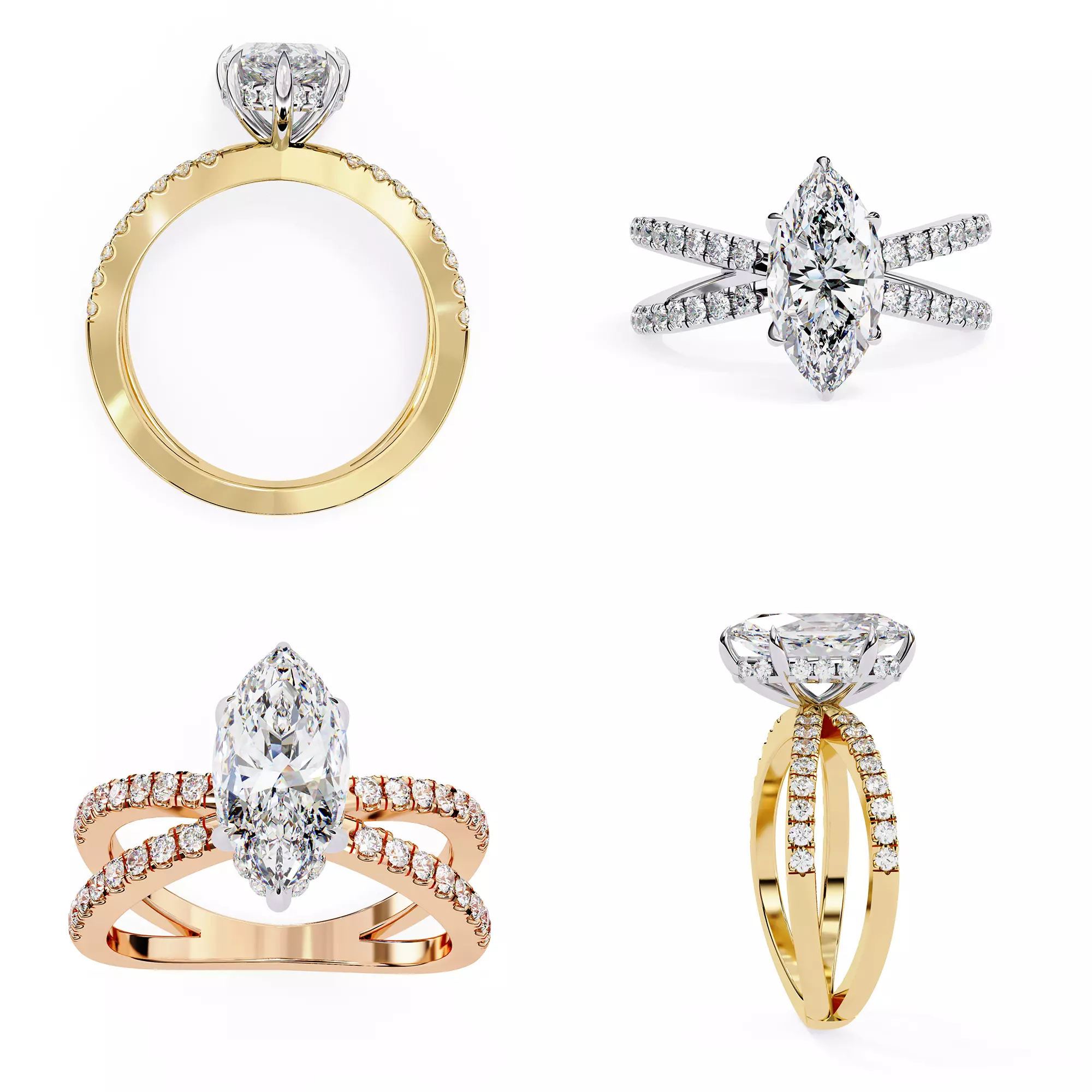 Marquise Split-Shank Diamond Ring CAD Design 3DM and STL Files 3D print model