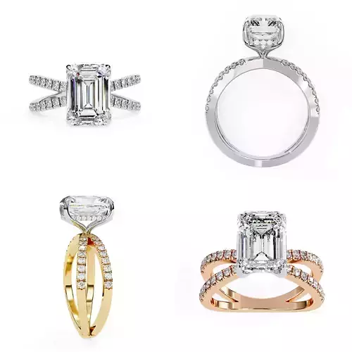 Emerald Cut Split-Shank Diamond Ring CAD Model 3DM and STL