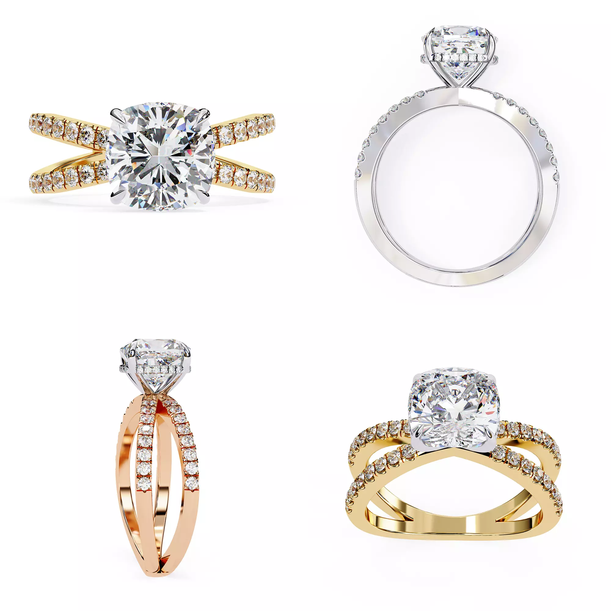Cushion Cut Split-Shank Diamond Ring CAD Model 3DM and STL 3D print model