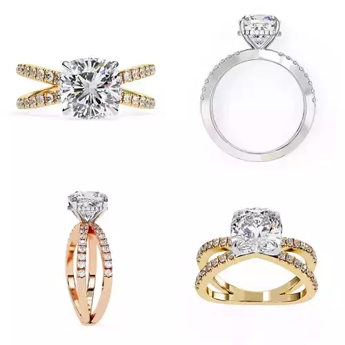 Cushion Cut Split-Shank Diamond Ring CAD Model 3DM and STL