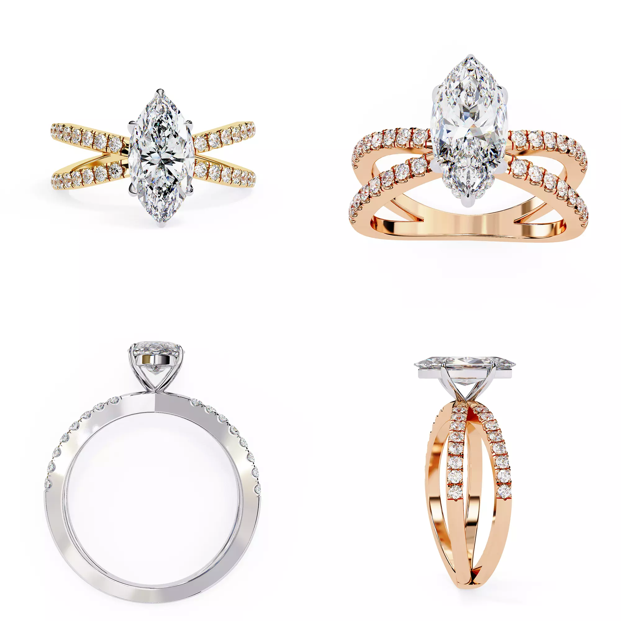 Marquise Split-Shank Diamond Ring CAD Model 3DM and STL 3D print model