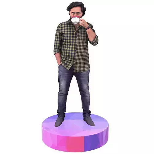 Indian Asian Man 3D Model Standing and Sipping Coffee 