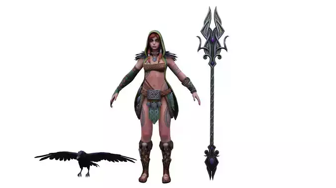 Female Druid Hunter 3D Character Model with Spear and Raven