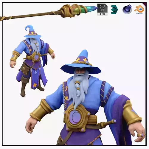 Stylized Blue Grand Wizard 3D Character Model with Magical Staff