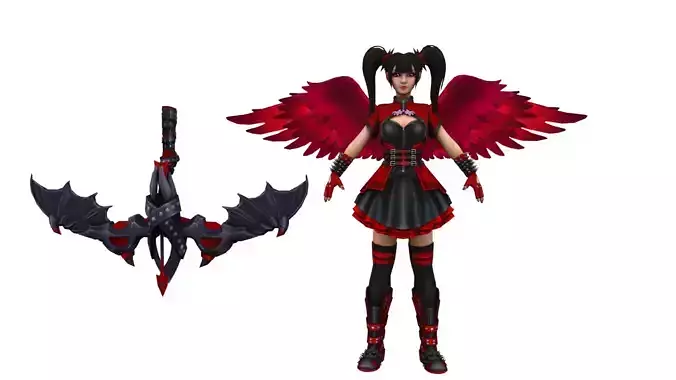 Gothic Demon Girl 3D Character with Red Wings  Scythe Weapon