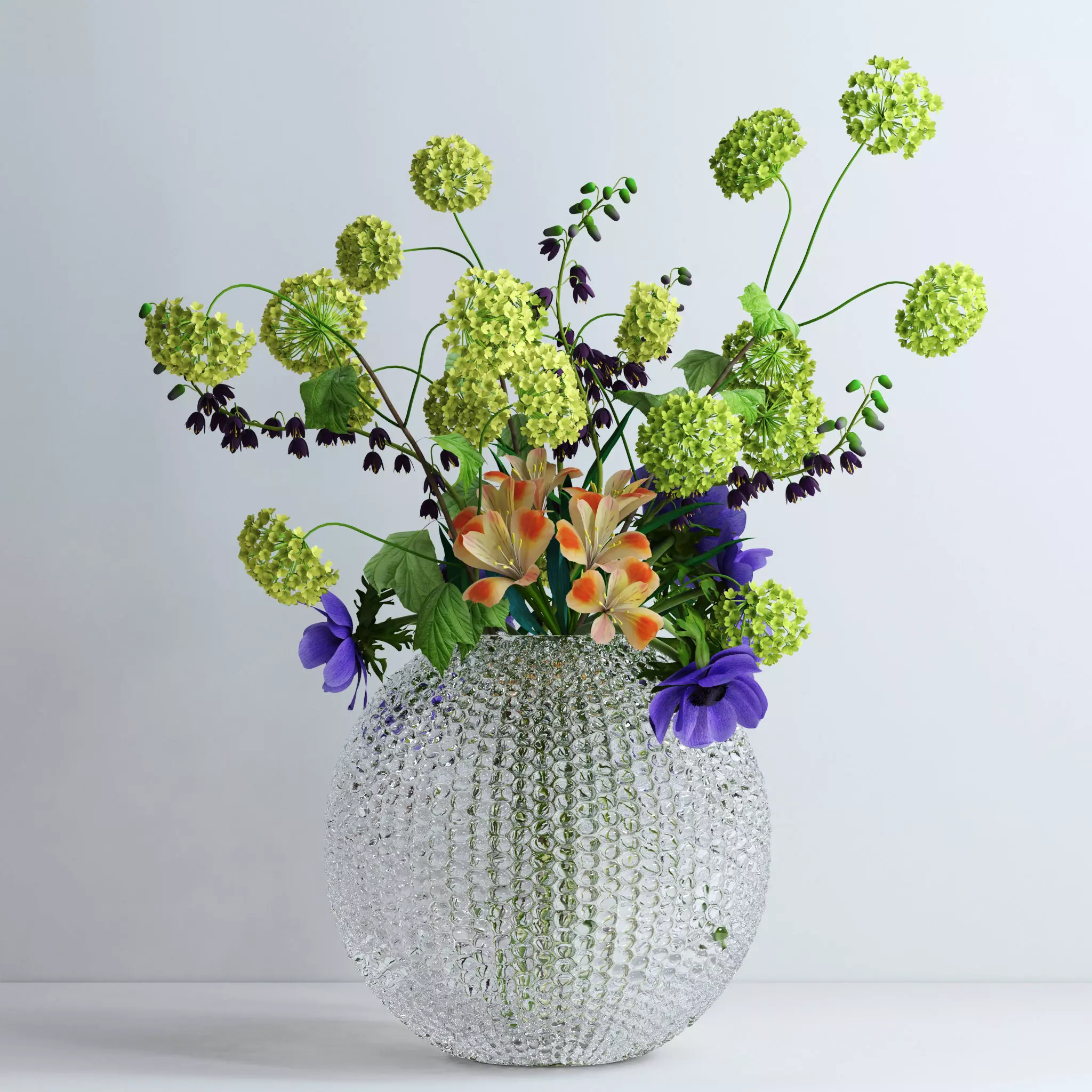 Viburnum Anemones Alstromeria and Fritilaria persica Bouquet 3D model_0