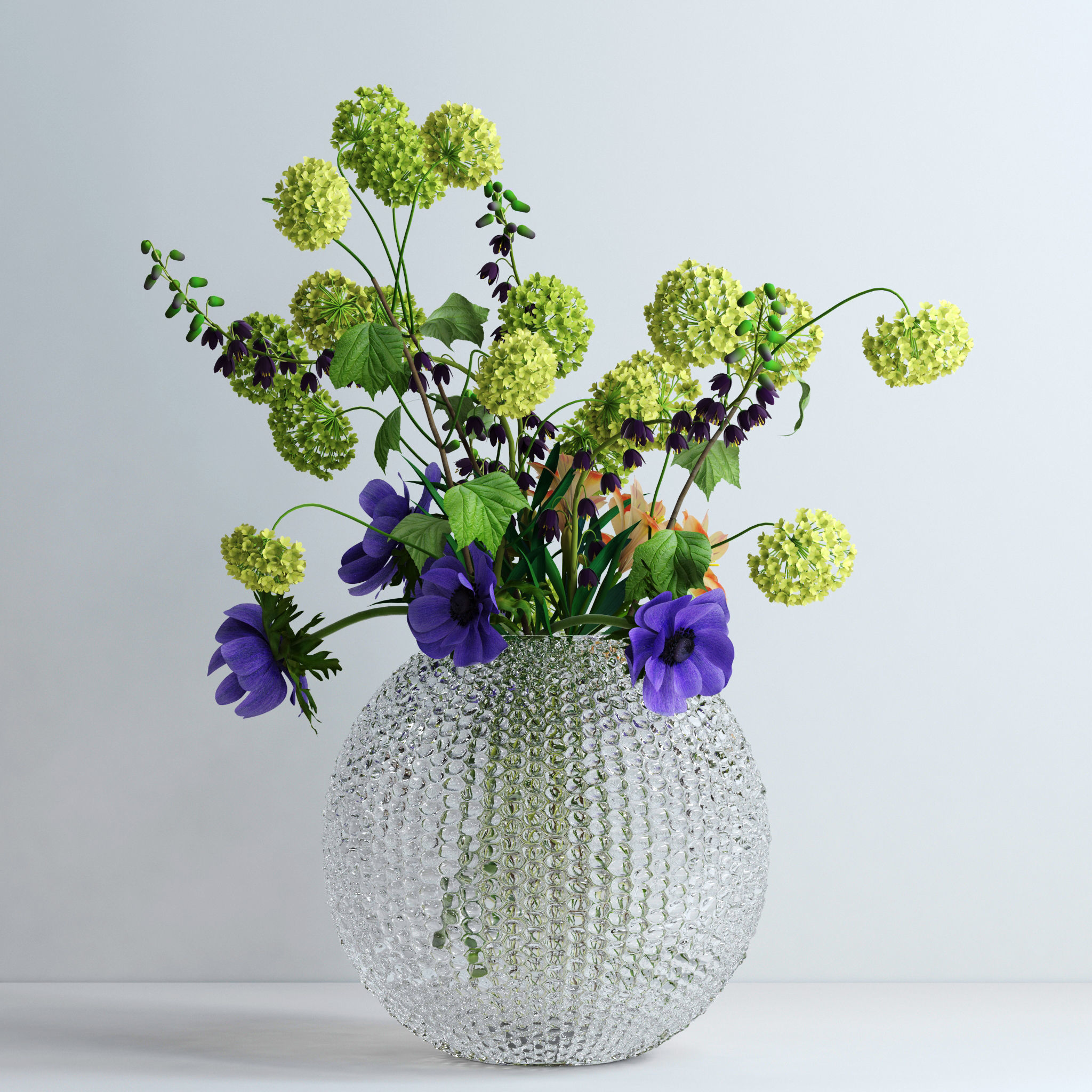 Viburnum Anemones Alstromeria and Fritilaria persica Bouquet 3D model_1