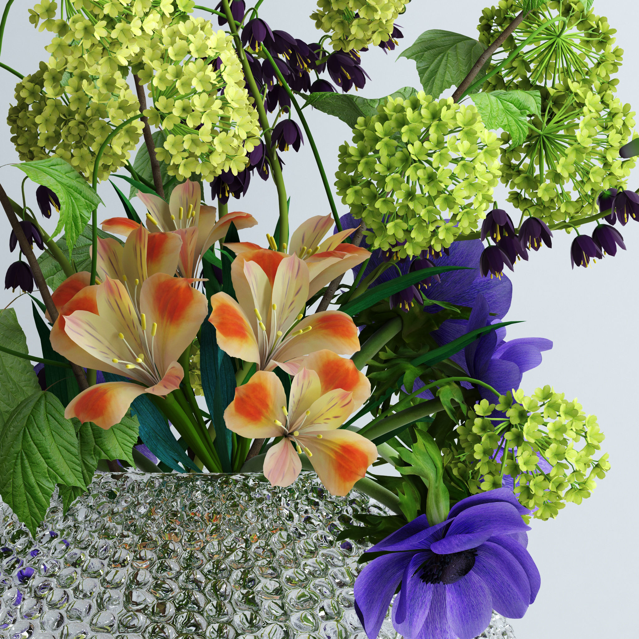 Viburnum Anemones Alstromeria and Fritilaria persica Bouquet 3D model_5