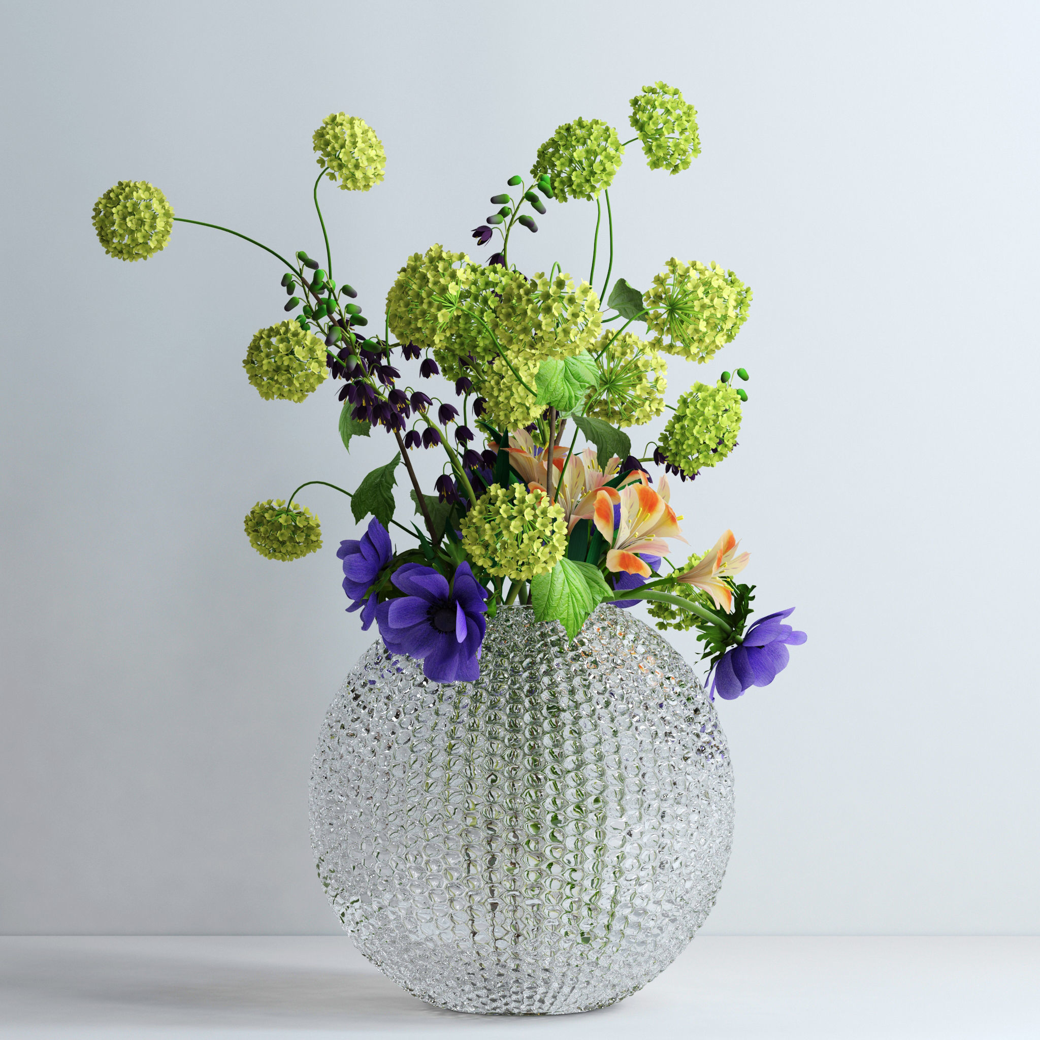 Viburnum Anemones Alstromeria and Fritilaria persica Bouquet 3D model_4