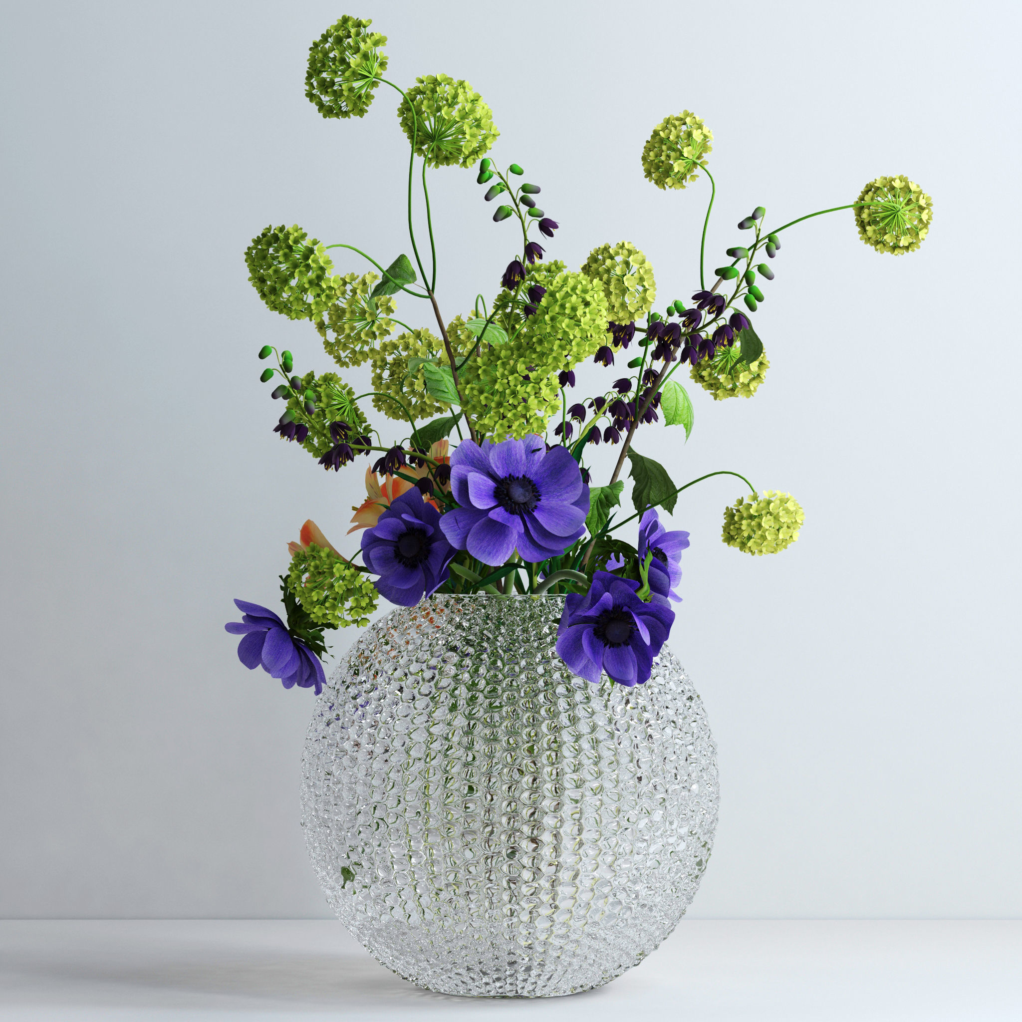 Viburnum Anemones Alstromeria and Fritilaria persica Bouquet 3D model_3