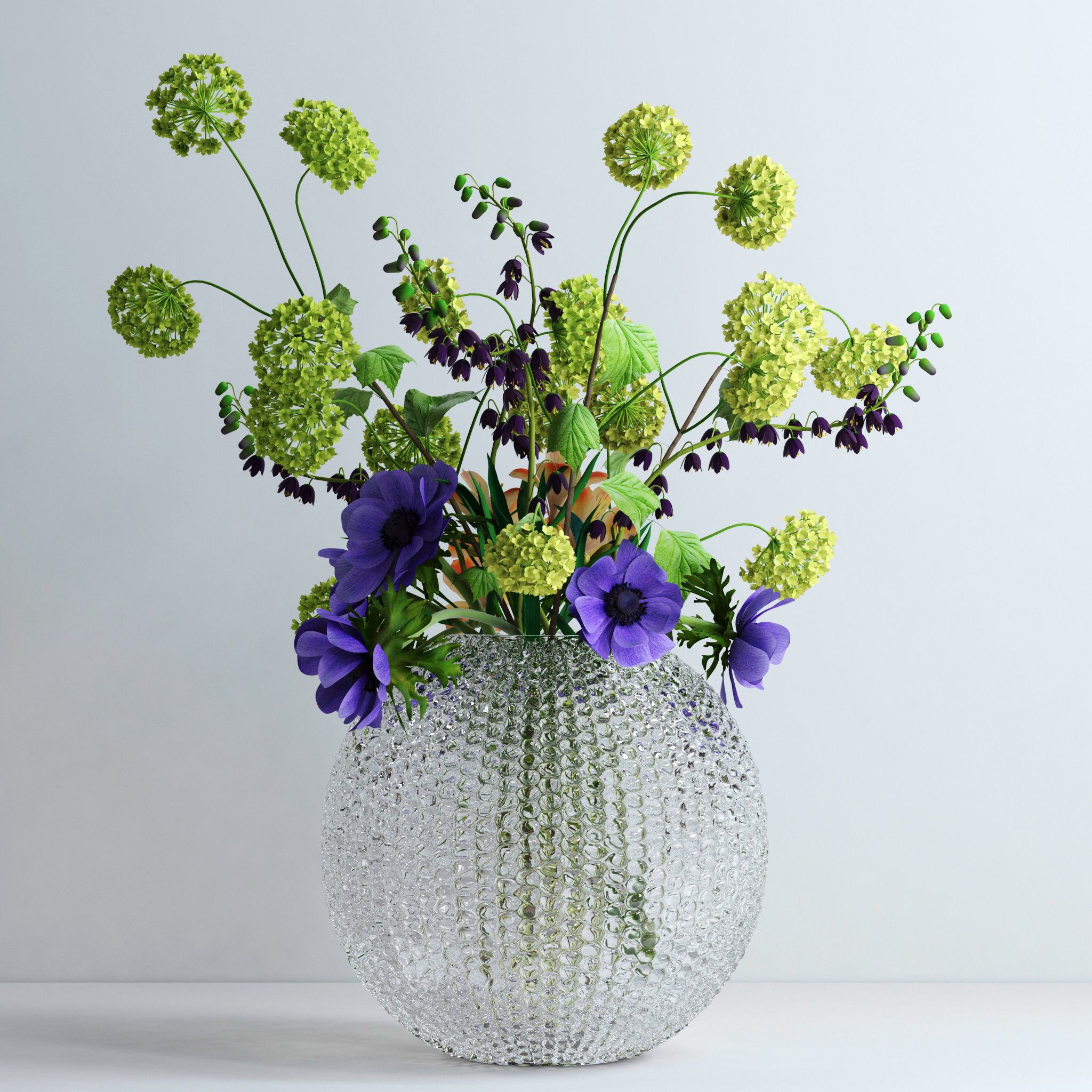 Viburnum Anemones Alstromeria and Fritilaria persica Bouquet 3D model_2