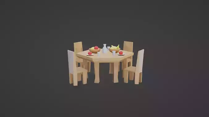 Low Poly Dining Table Set with 6 Chairs and Tableware