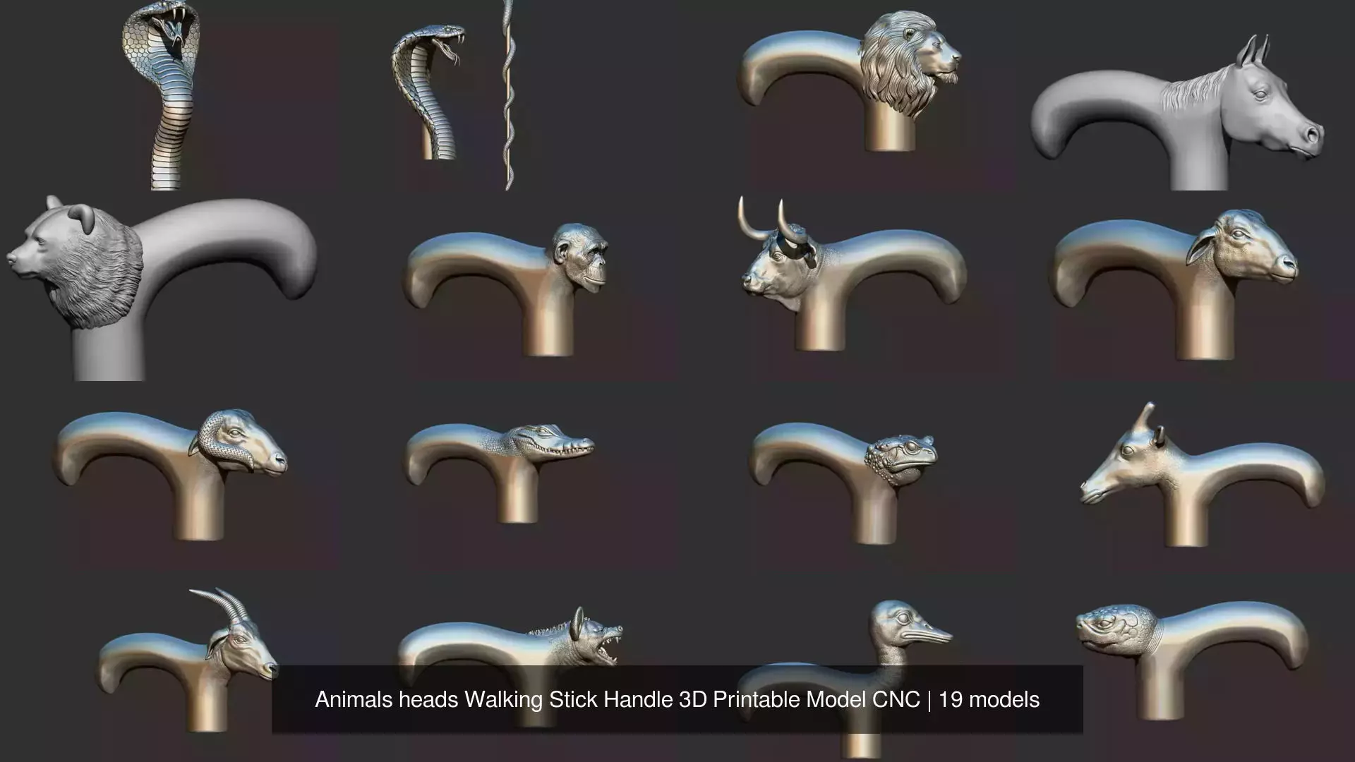 Animals heads Walking Stick Handle 3D Printable Model CNC 3D Model Pack