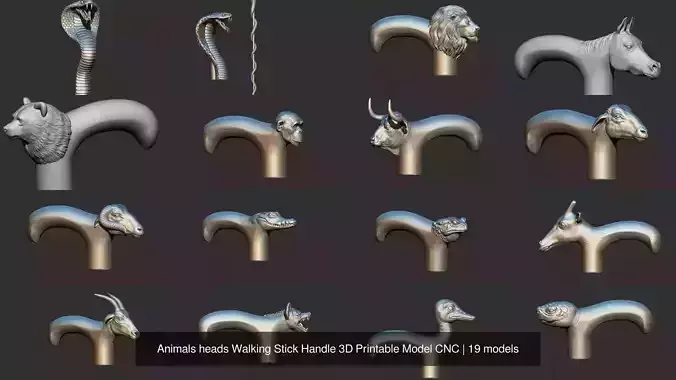 Animals heads Walking Stick Handle 3D Printable Model CNC