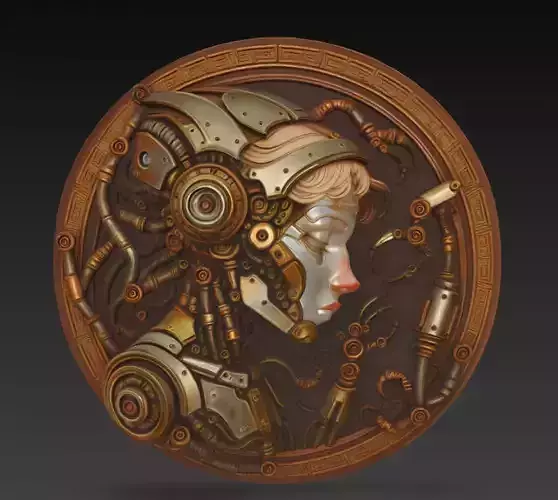 Cyberpunk Medallion - Futuristic Female Mecha Relief 3D Model