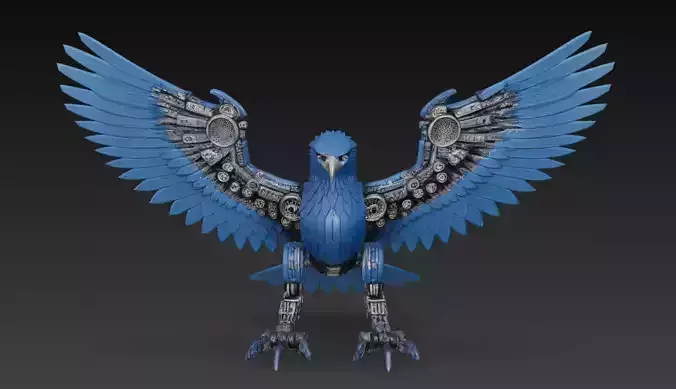 Mechanical Blue Falcon - Futuristic Cyber Bird 3D Model