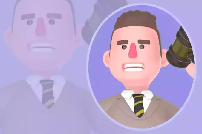 Stylized 3D Male Lawyer Character - Angry Gavel Verdict