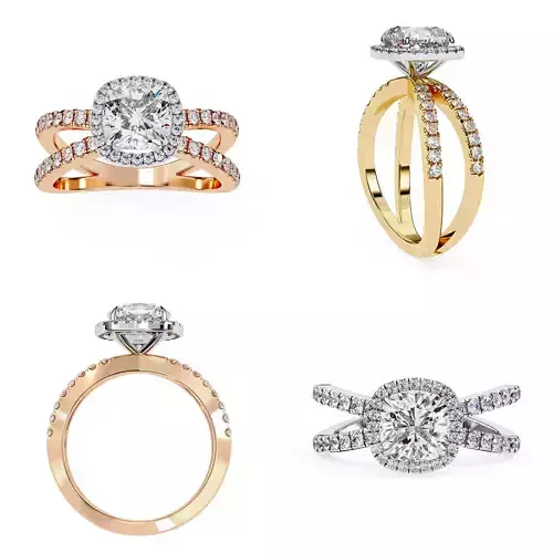 Cushion Halo Split Shank Engagement Ring CAD Model STL 3DM