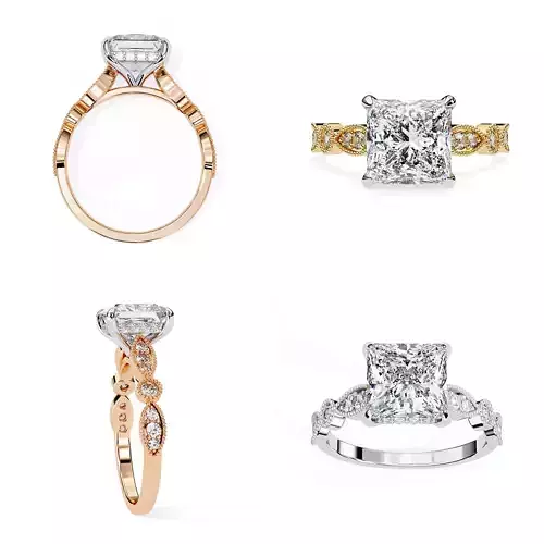 Princess Cut Vintage Leaf Motif Engagement Ring 3DM STL Files